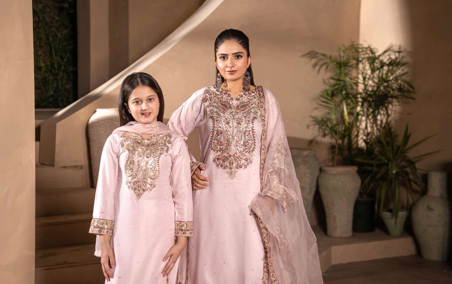 Mother Daughter Linen Embroidered - Baby Pink