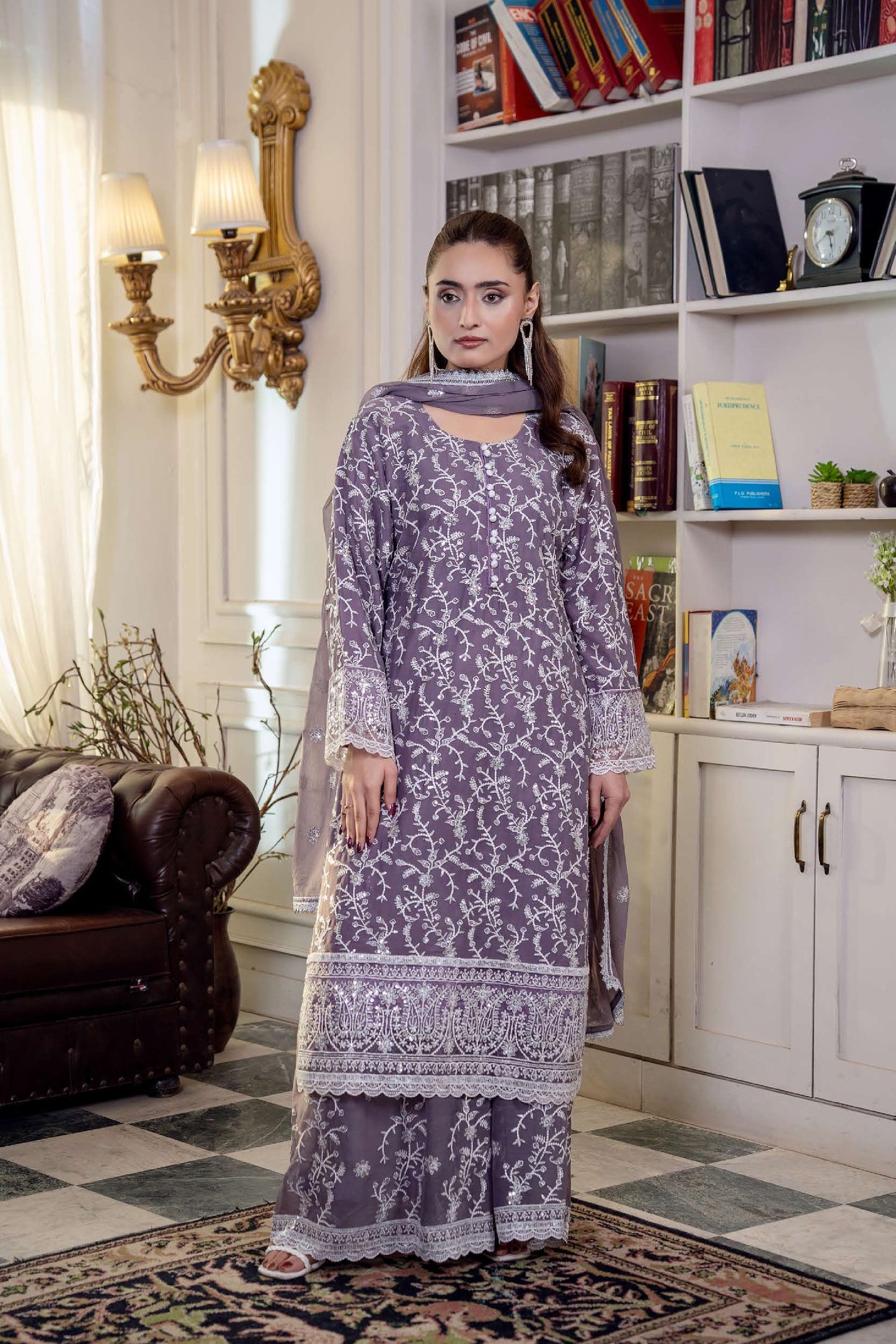 Chiffon Embroidered Suit - Lila