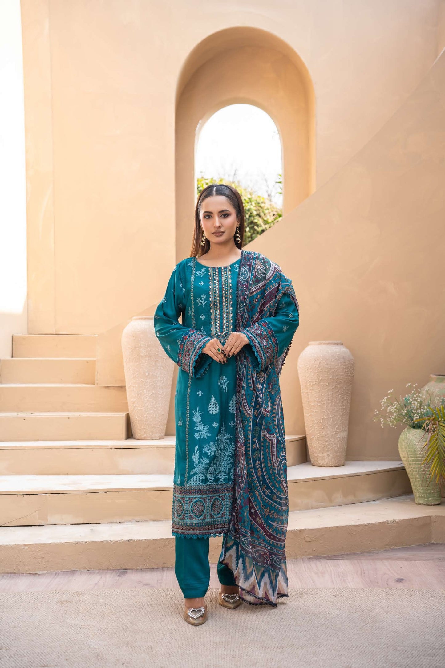 Embroidered Viscose Suit- Teal
