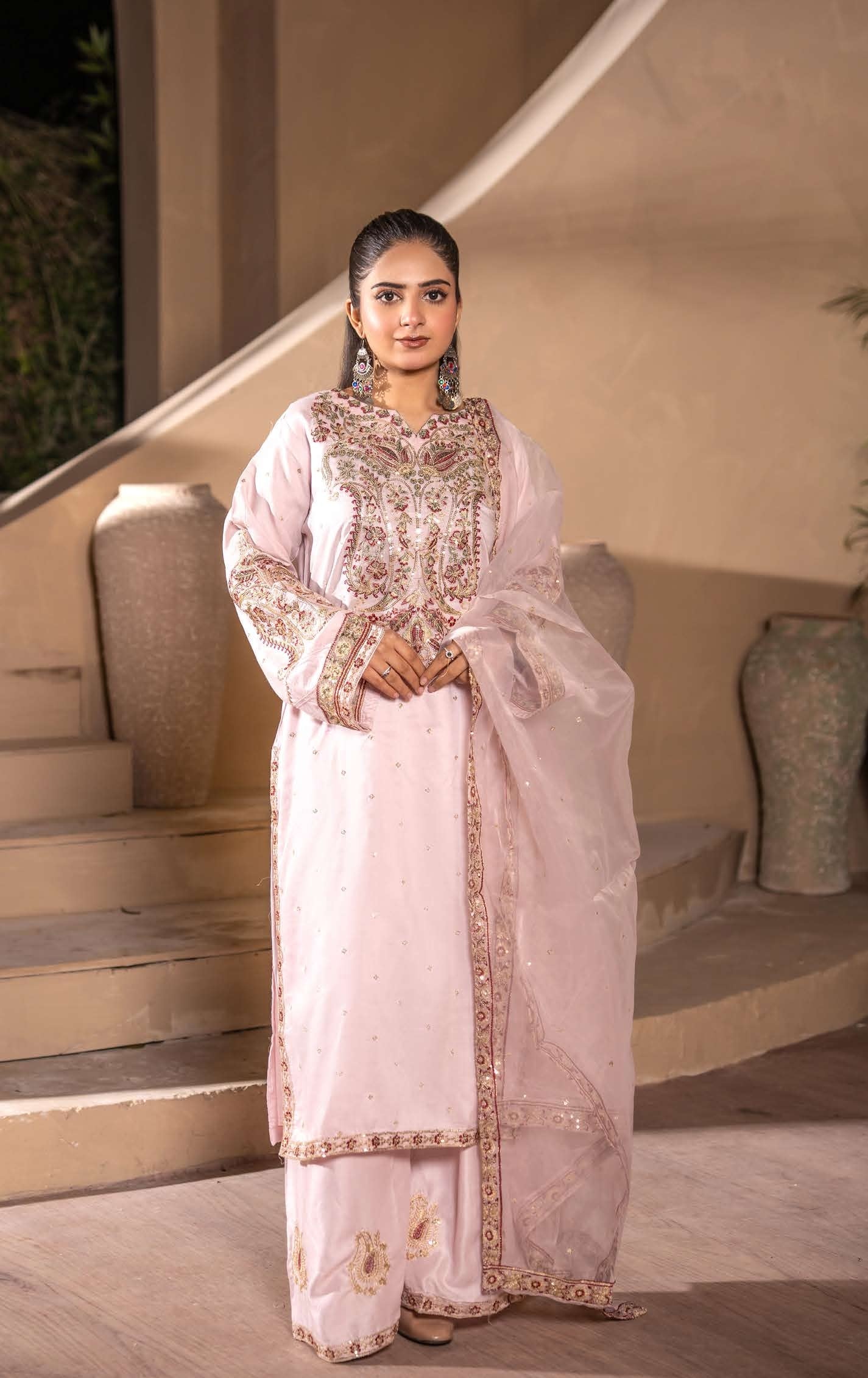 Mother Daughter Linen Embroidered - Baby Pink