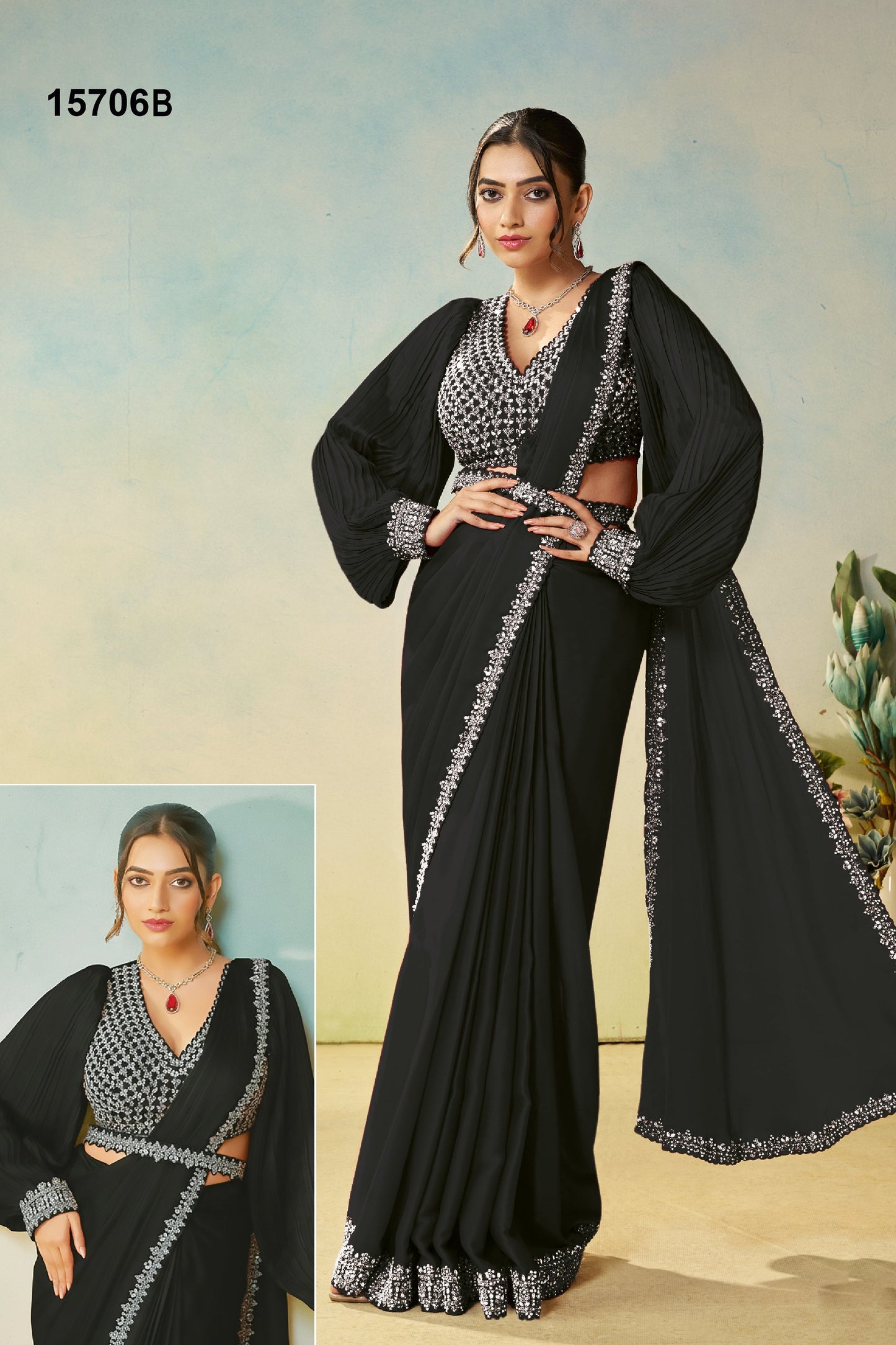 Black silver Satin Pre-Stitched Saree with Belt – Elegant & Easy to Wear