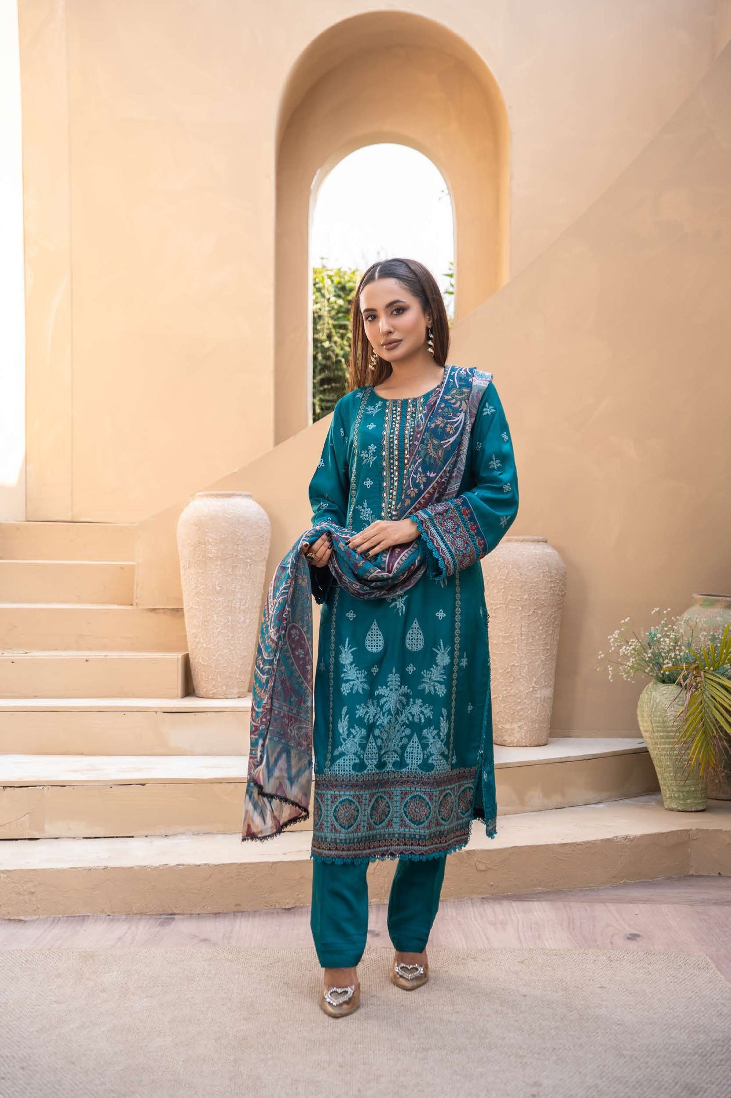 Embroidered Viscose Suit- Teal