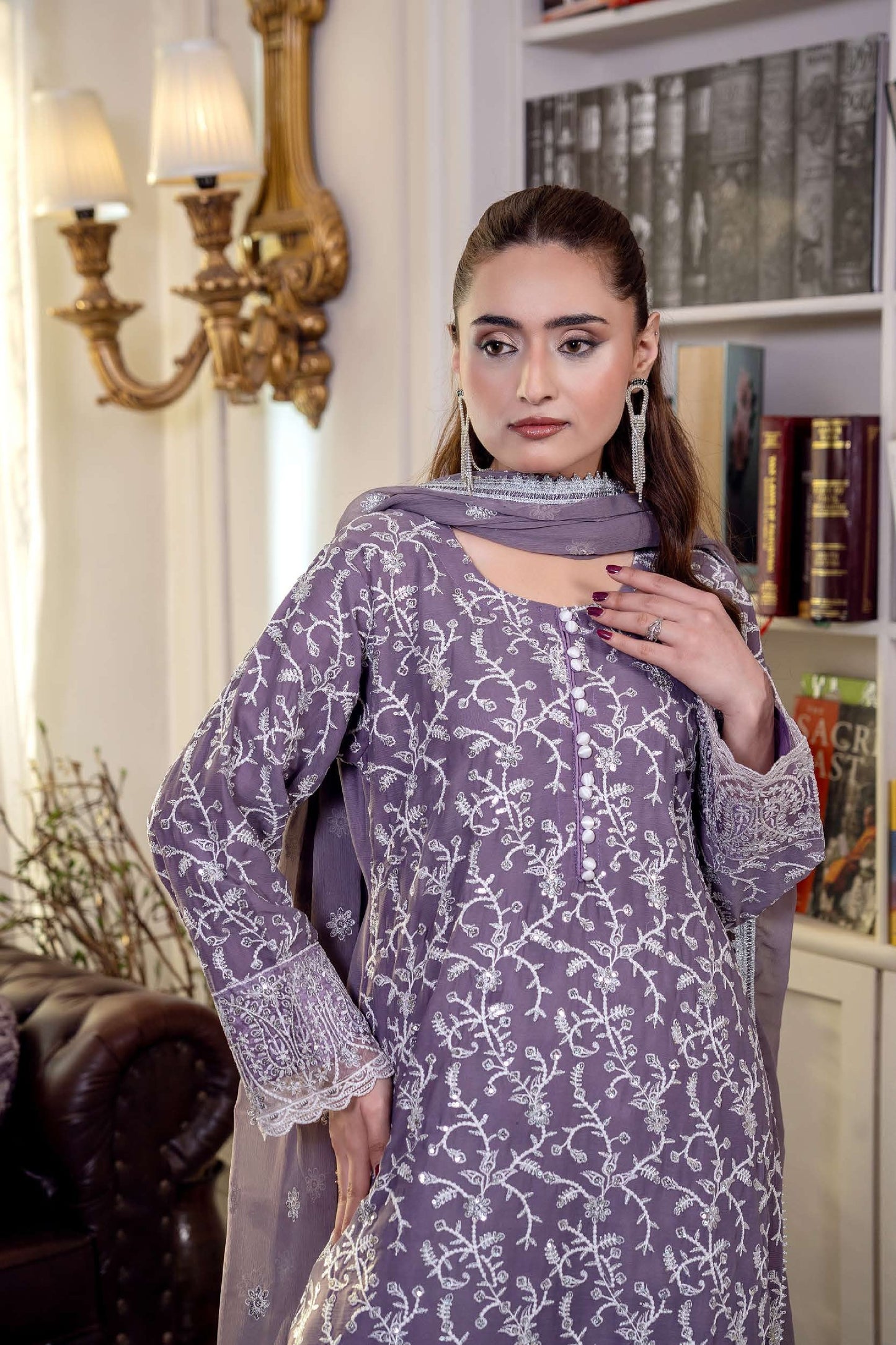 Chiffon Embroidered Suit - Lila