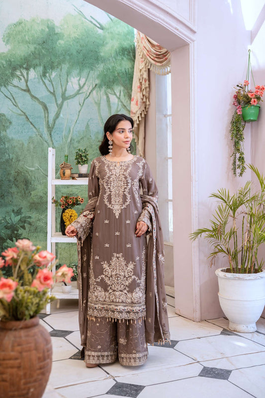 Chiffon LUX Embroidered Suit- Taupe