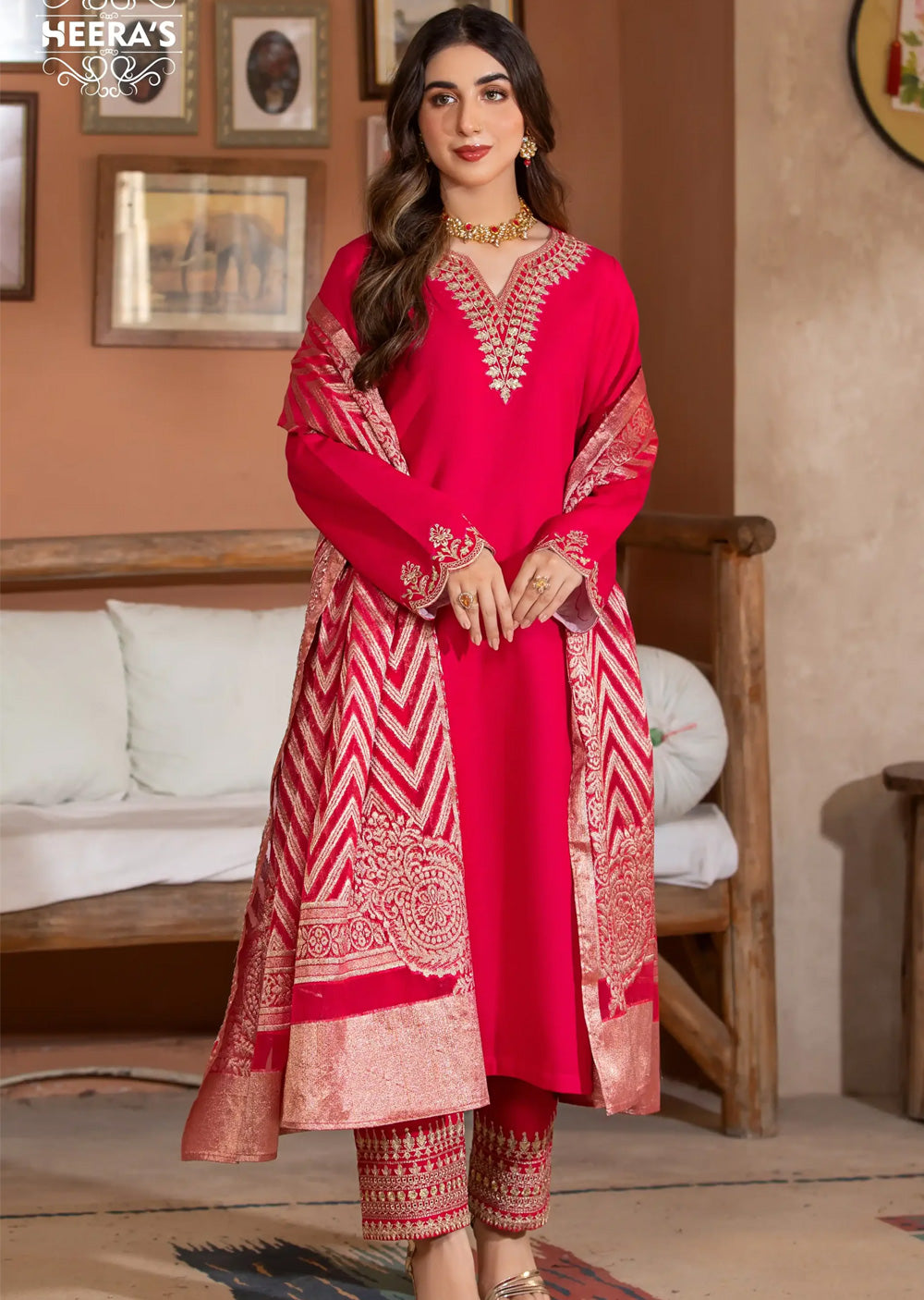 Hot Pink Luxe Khaddar Embroidered suit by Heeras- BL24