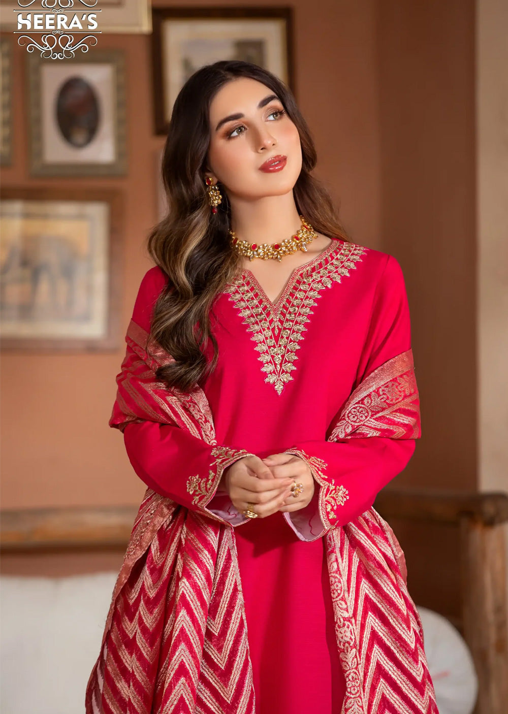 Hot Pink Luxe Khaddar Embroidered suit by Heeras- BL24