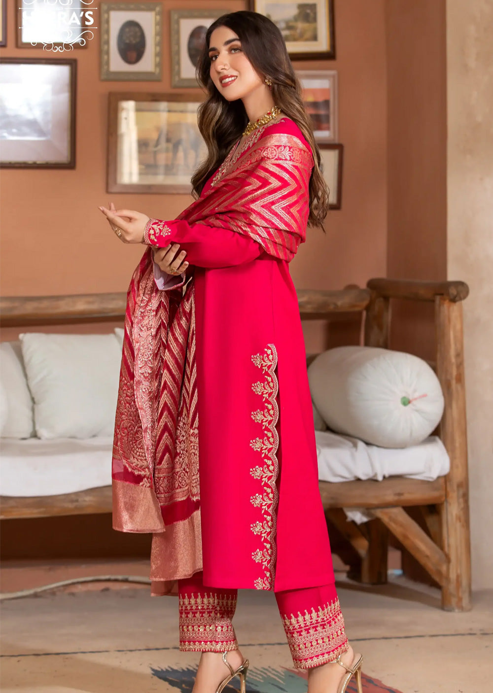 Hot Pink Luxe Khaddar Embroidered suit by Heeras- BL24