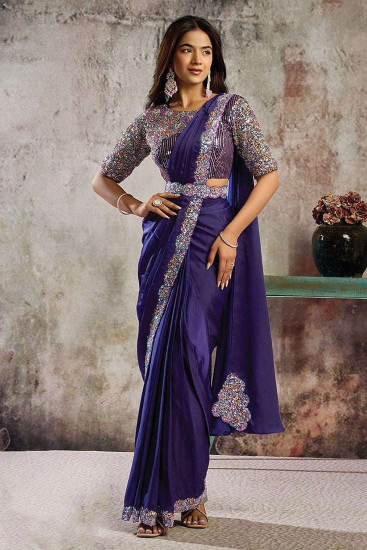 Purple Sequins Satin Pre-Stitched Saree with Belt – Elegant & Easy to Wear