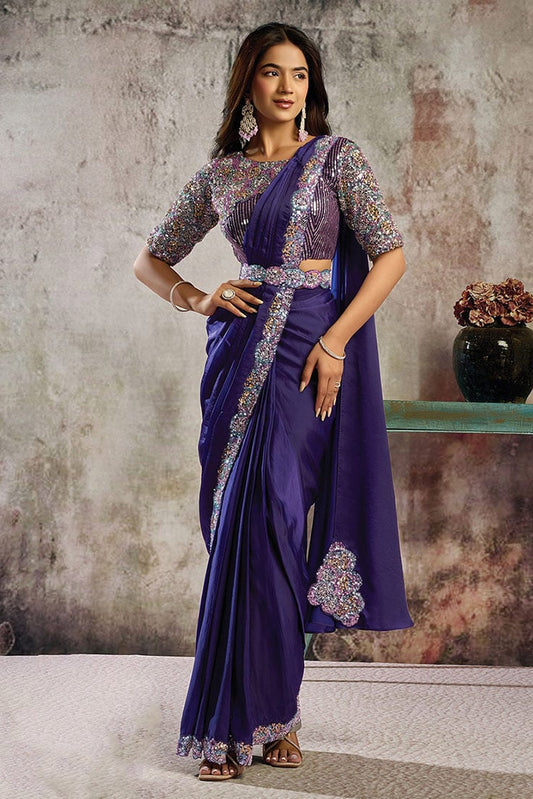 Purple Sequins Satin Pre-Stitched Saree with Belt – Elegant & Easy to Wear