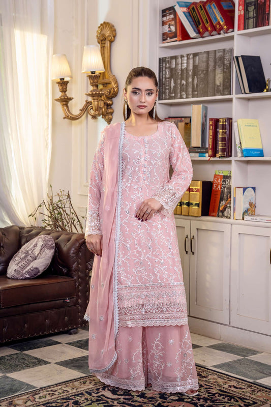 Chiffon Embroidered Suit - Pink