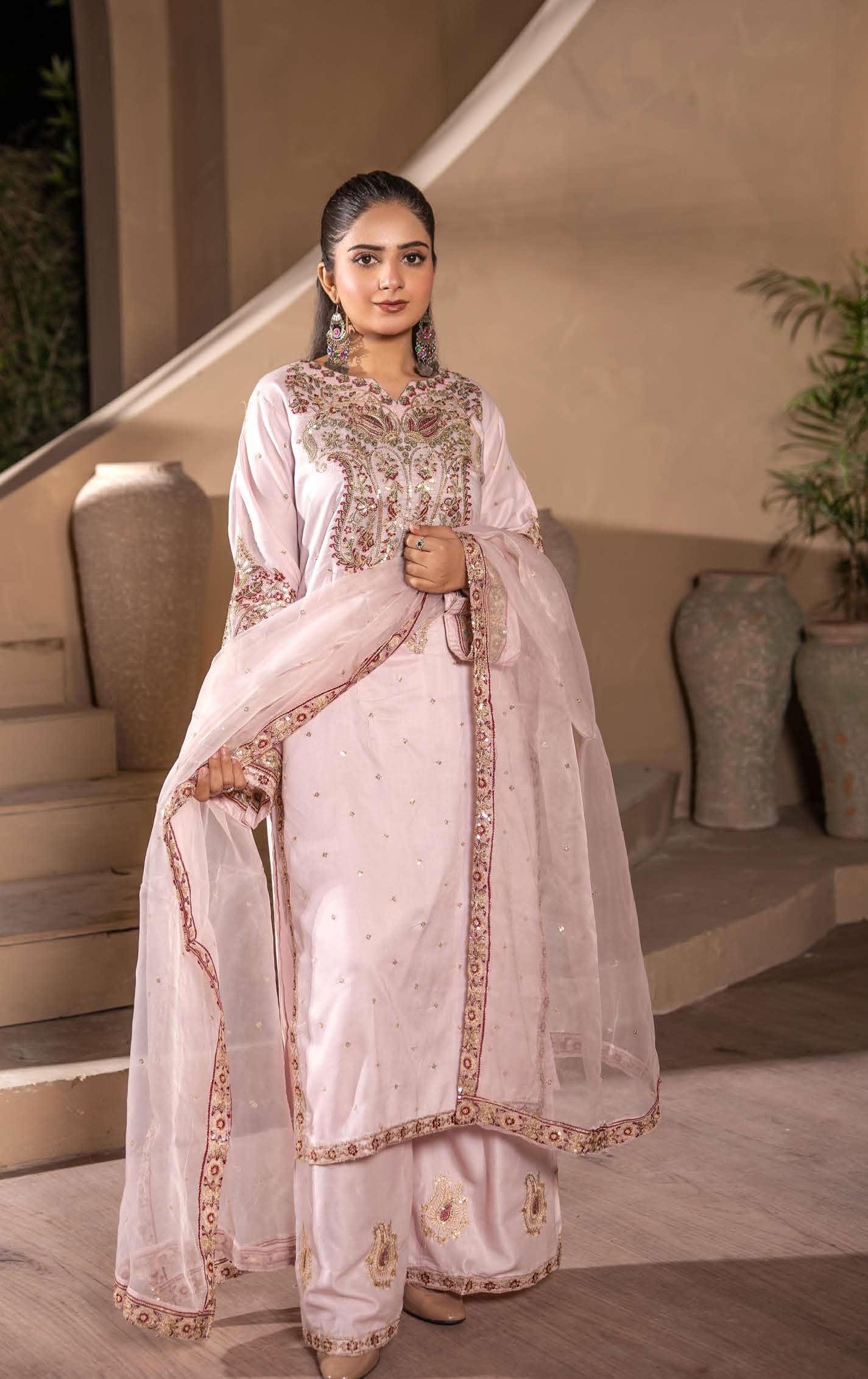 Mother Daughter Linen Embroidered - Baby Pink