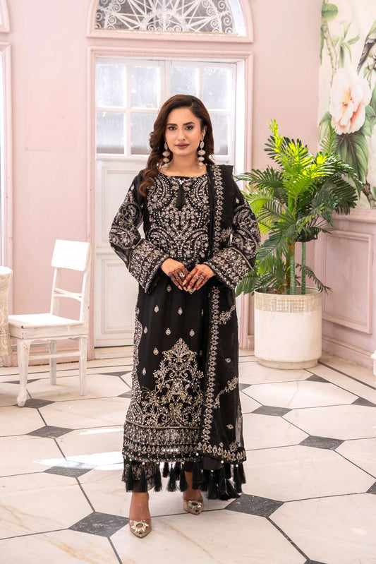 Luxury Chiffon Embroidered Suit- Black