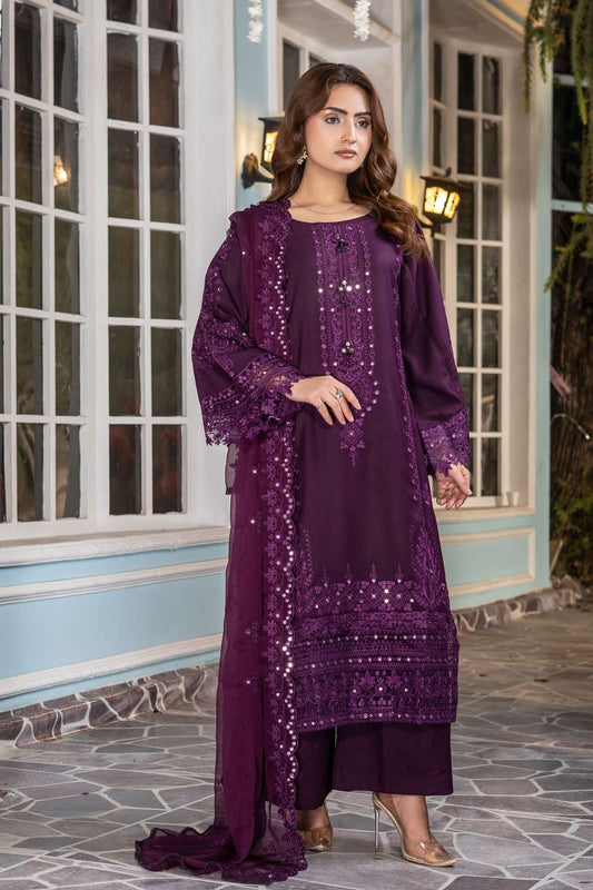 Embroidered Dhanak Set- Purple