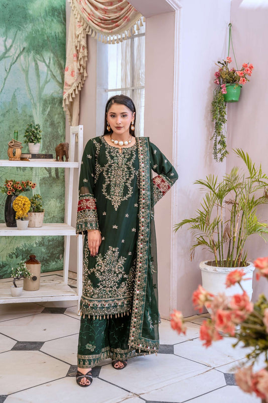Chiffon Lux Embroidered Suit- Green