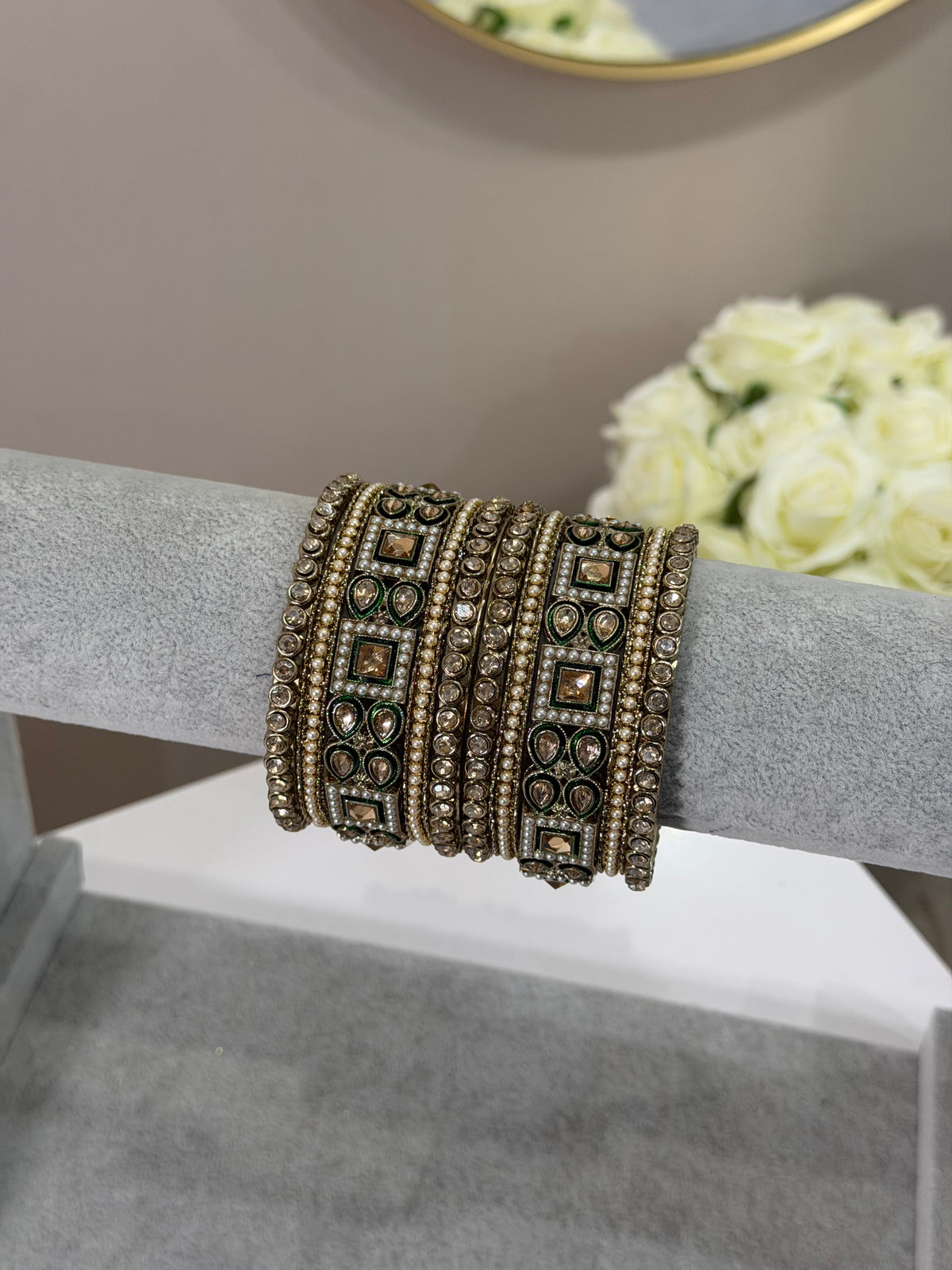 Green/Gold Square Metal Bangles- 10 teilig - D15