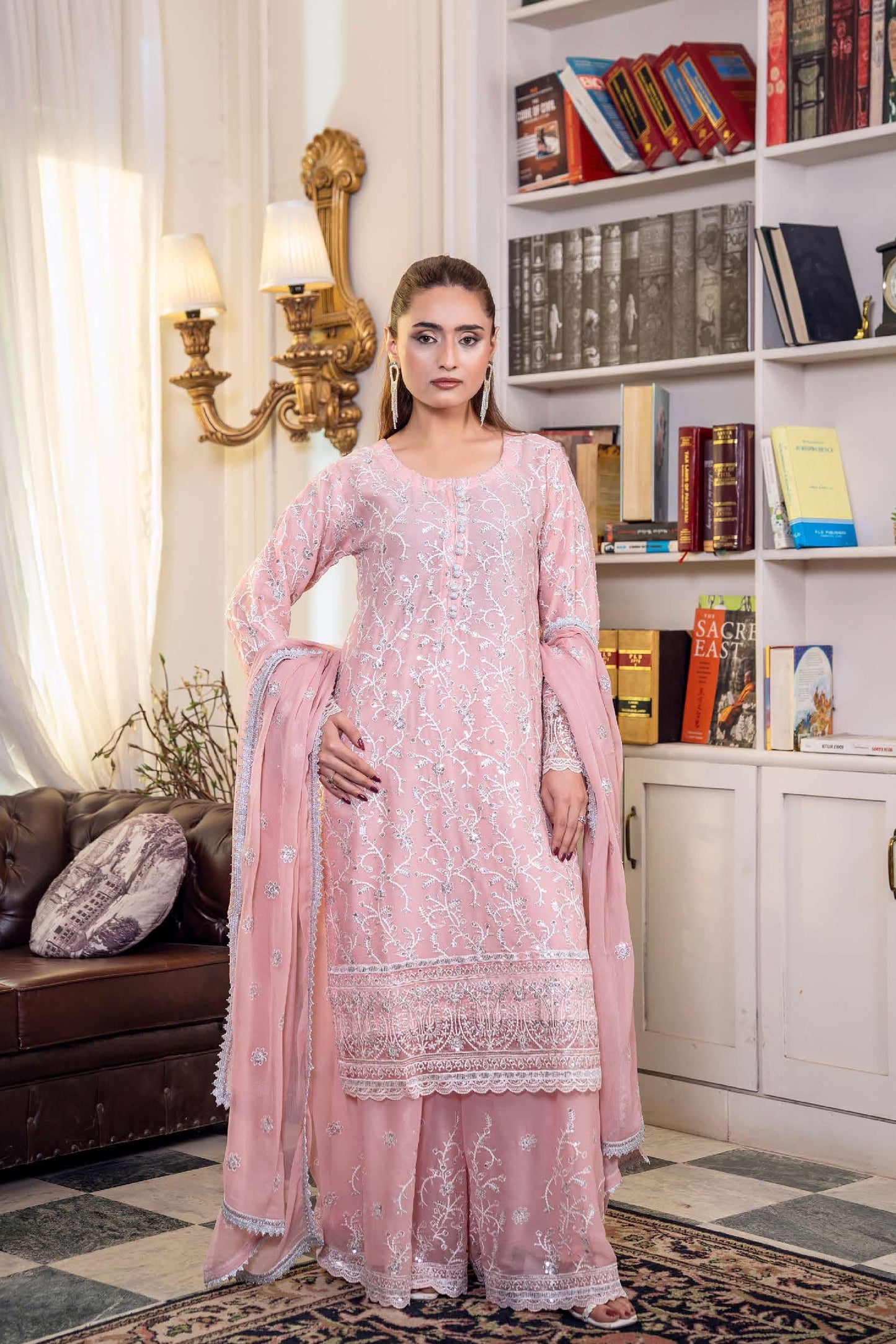 Chiffon Embroidered Suit - Pink