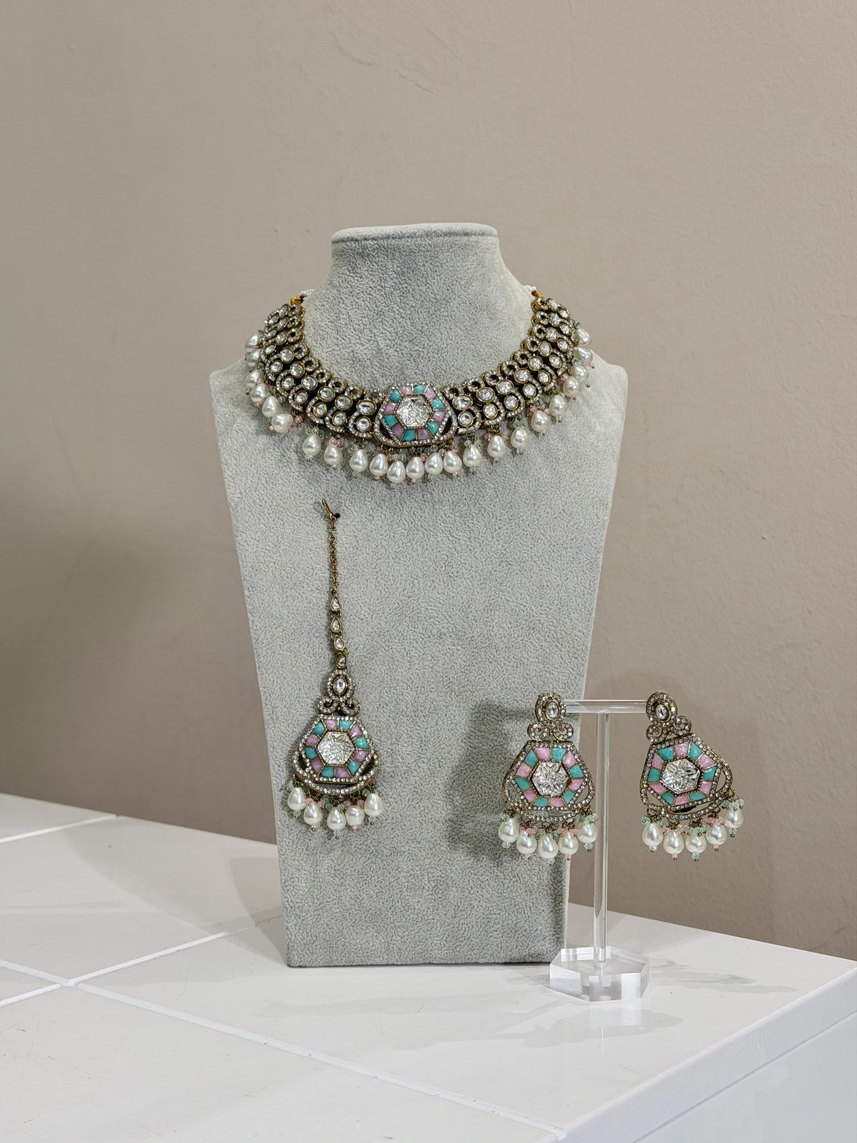 Blue Rose & Pearl Jewellery Set