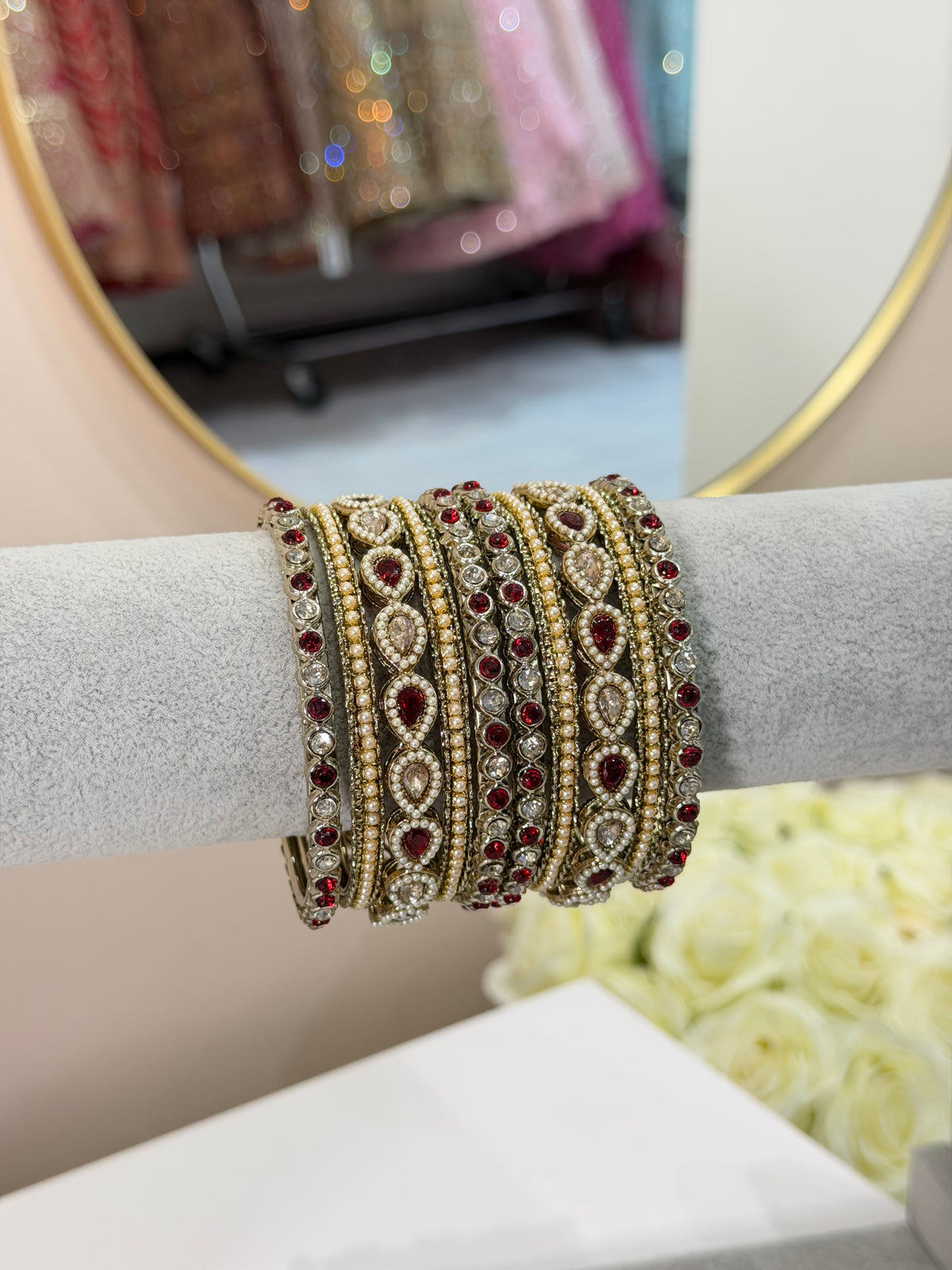 Red / Pearl Metal Bangles - 10-teilig