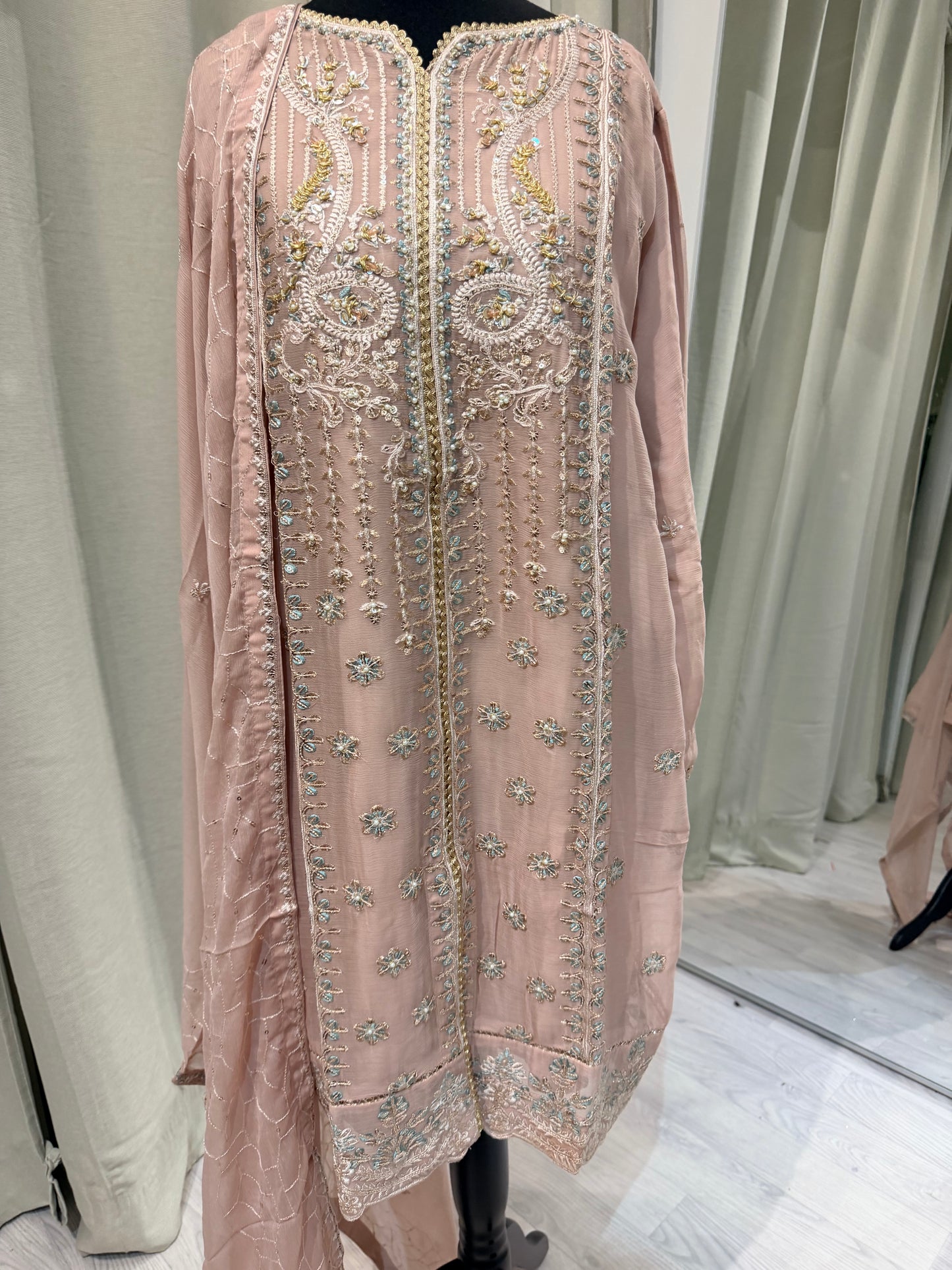 Embroidered Chiffon Sharara with work- Dusty pink