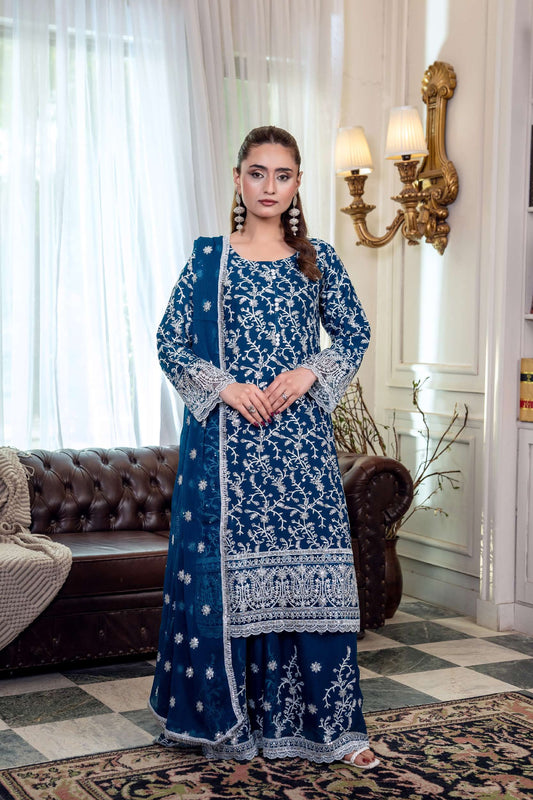 Chiffon Embroidered Suit - Navy