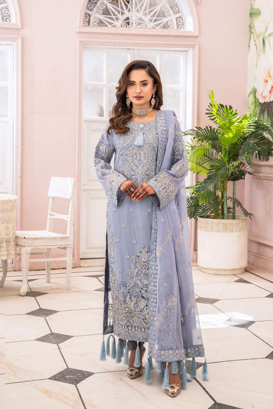 Luxury Chiffon Embroidered Suit- Pastel blue