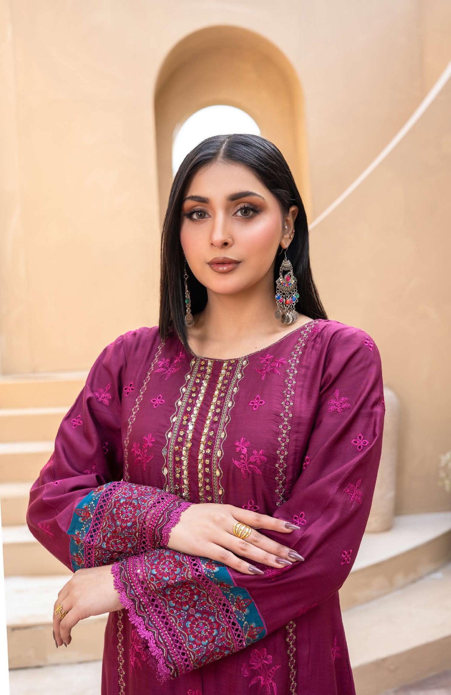 Embroidered Viscose Suit- Maroon