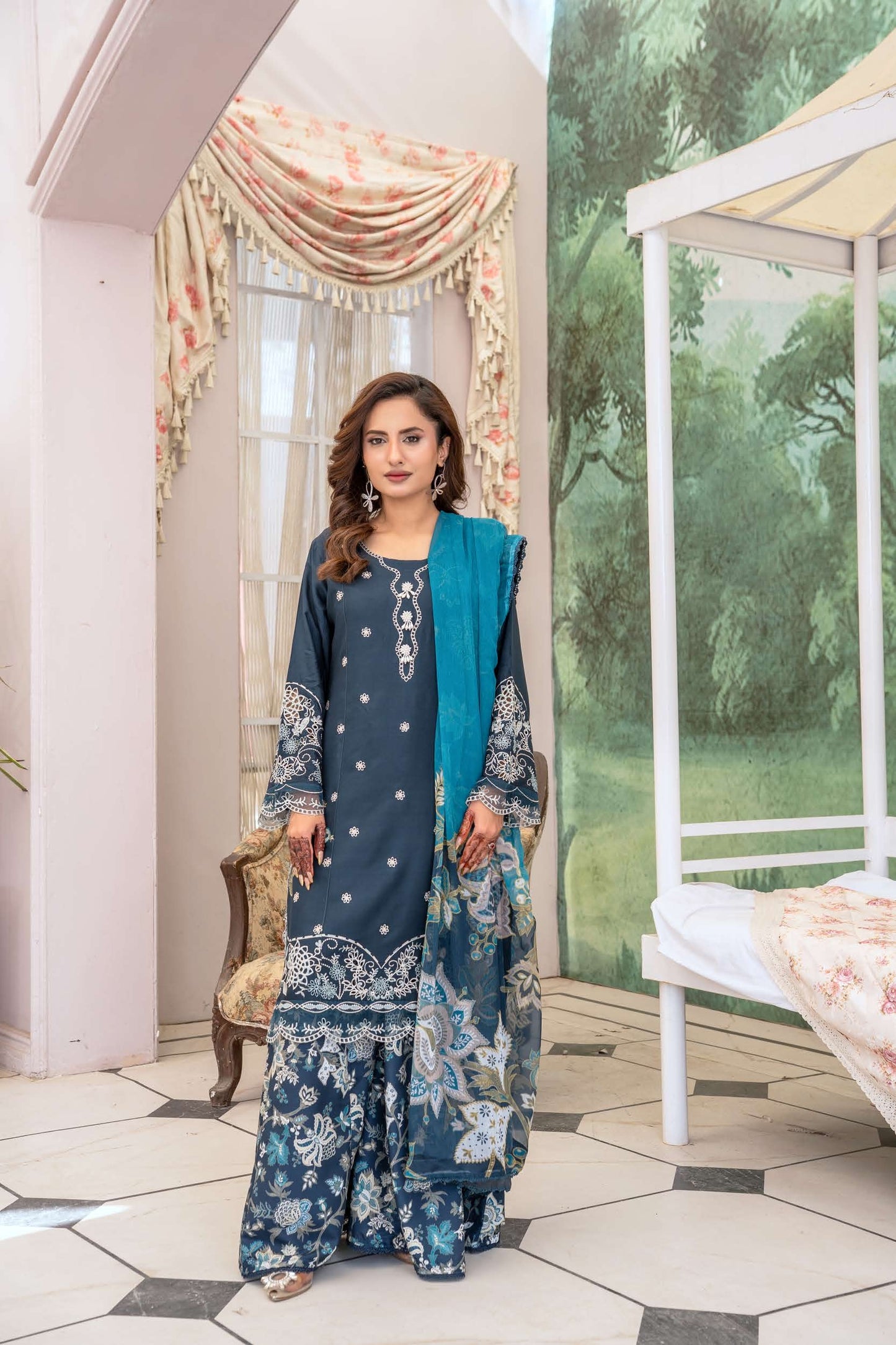 Teal Linen Floral Sharara - D1