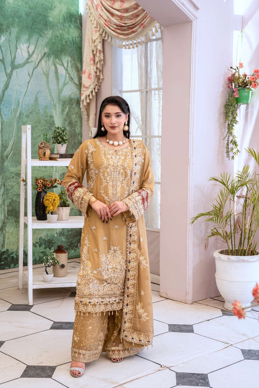 Chiffon Lux Embroidered Suit- Golden