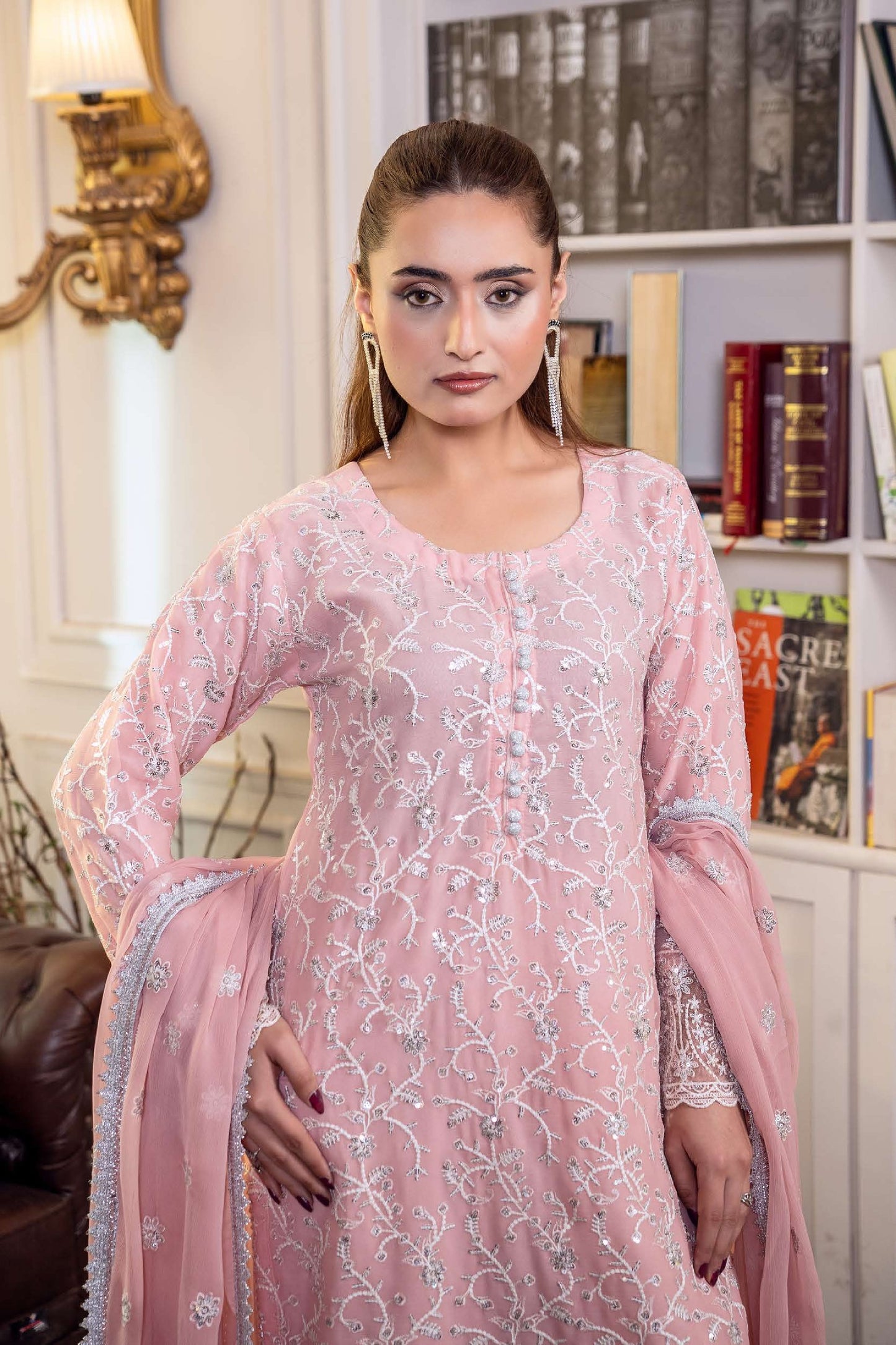 Chiffon Embroidered Suit - Pink