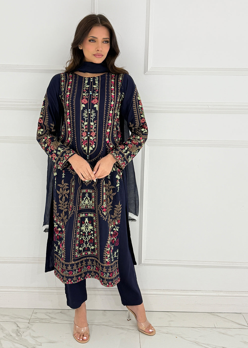 Navy Embroidered Linen Suit