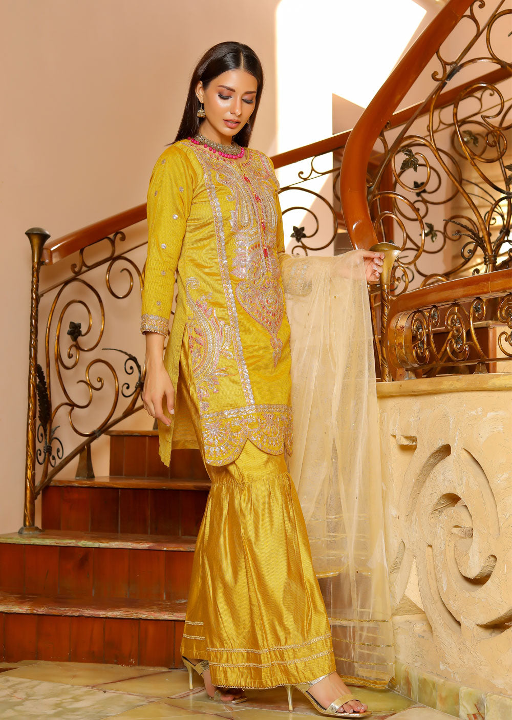 Esaaf - Mustard Khadi Net Suit KLD 315