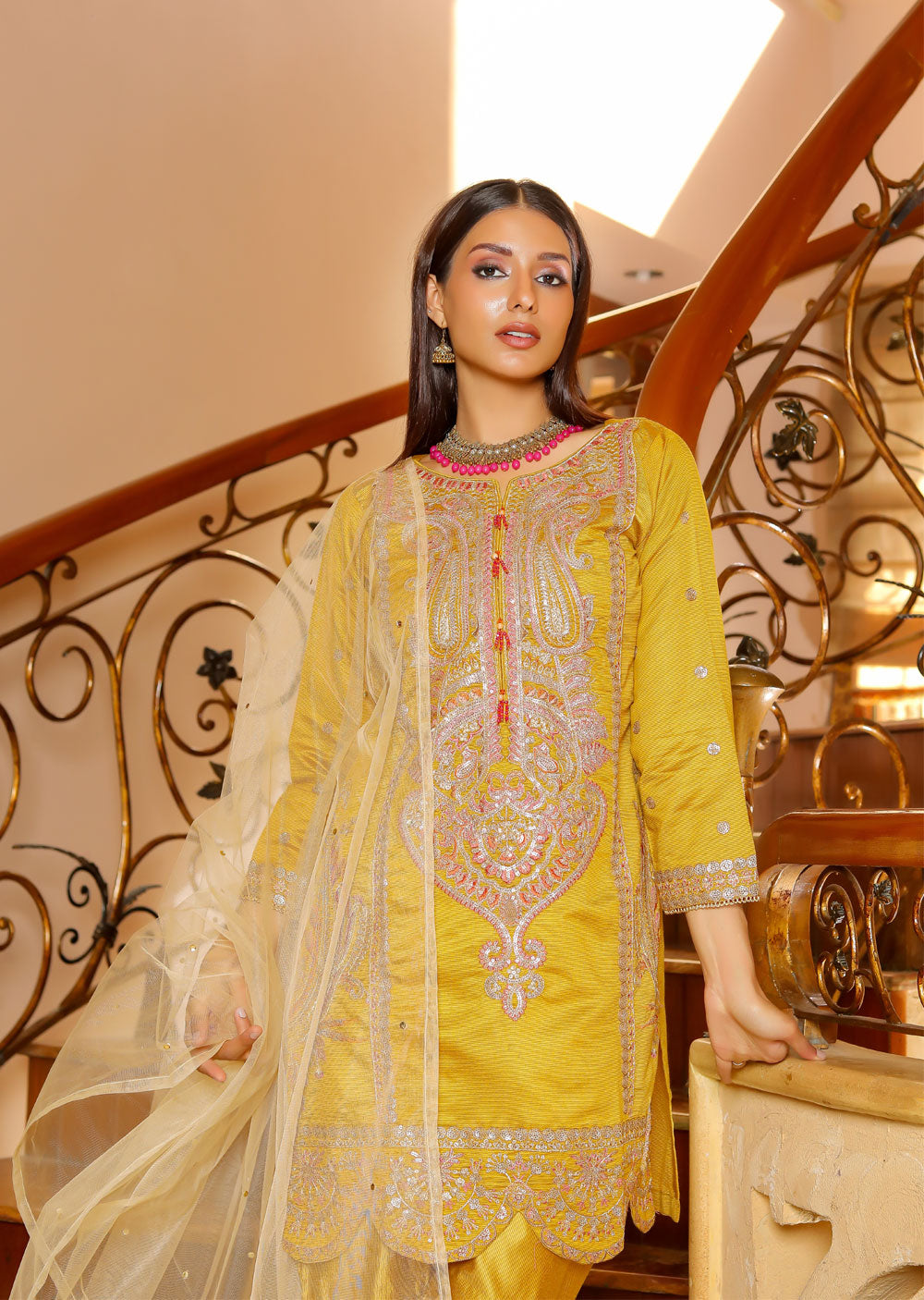 Esaaf - Mustard Khadi Net Suit KLD 315