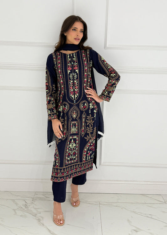 Navy Embroidered Linen Suit