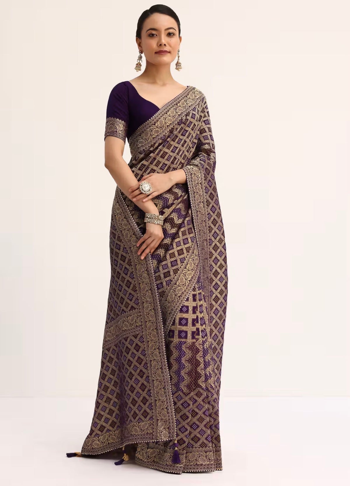 Purple Bandhani Ready Made Instant Saree - Sleeveless Blouse