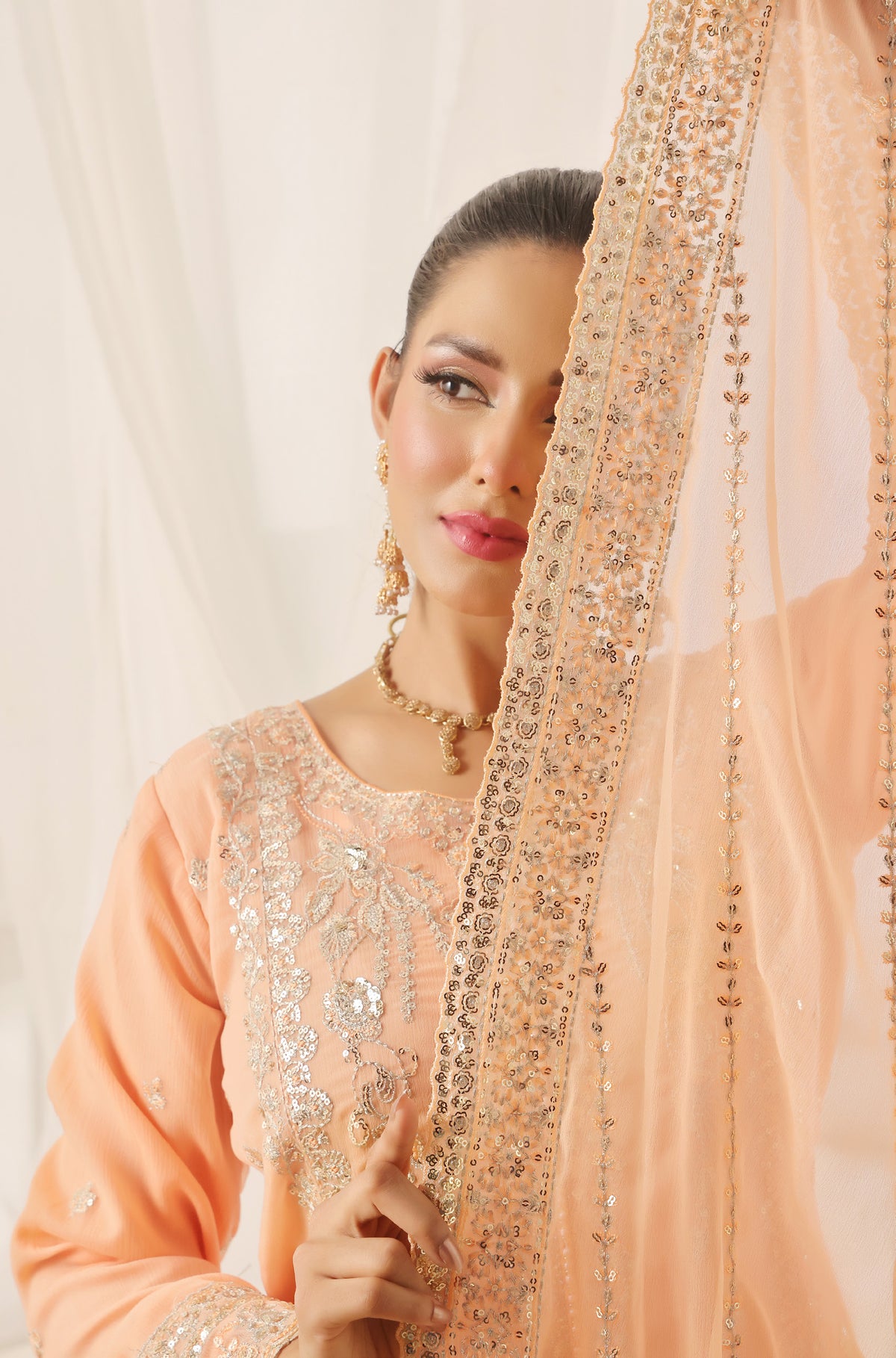 Bin Hameed Chiffon Suits- Lachs-B6