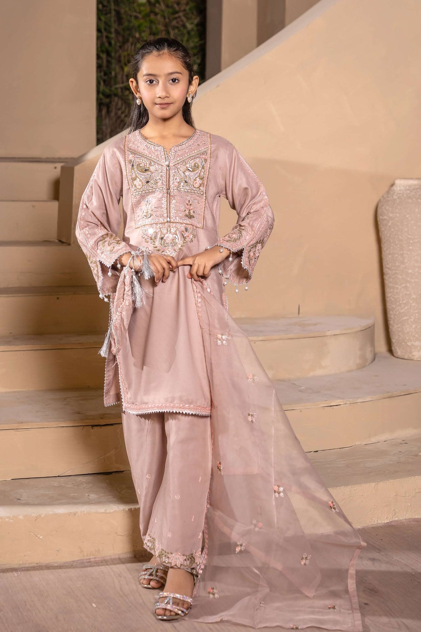 Mother Daughter Linen Embroidered - Nude rose