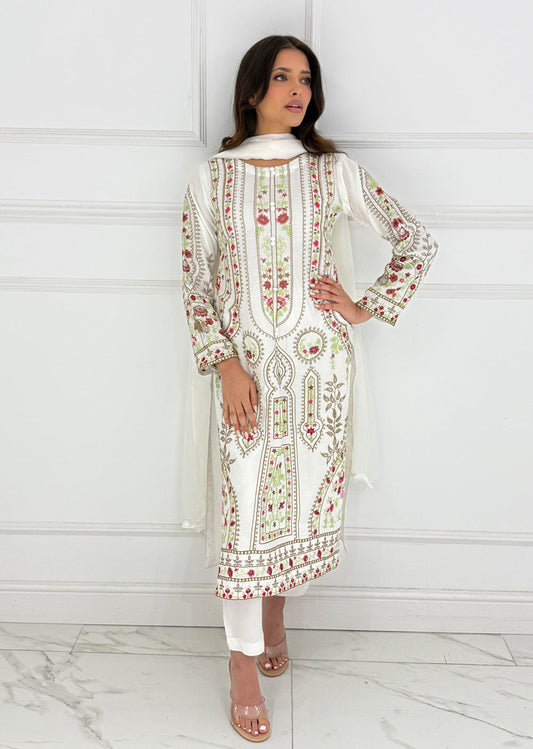 White Embroidered Linen Suit