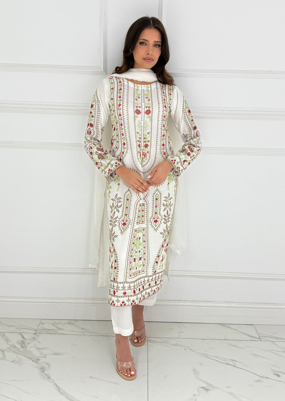 White Embroidered Linen Suit