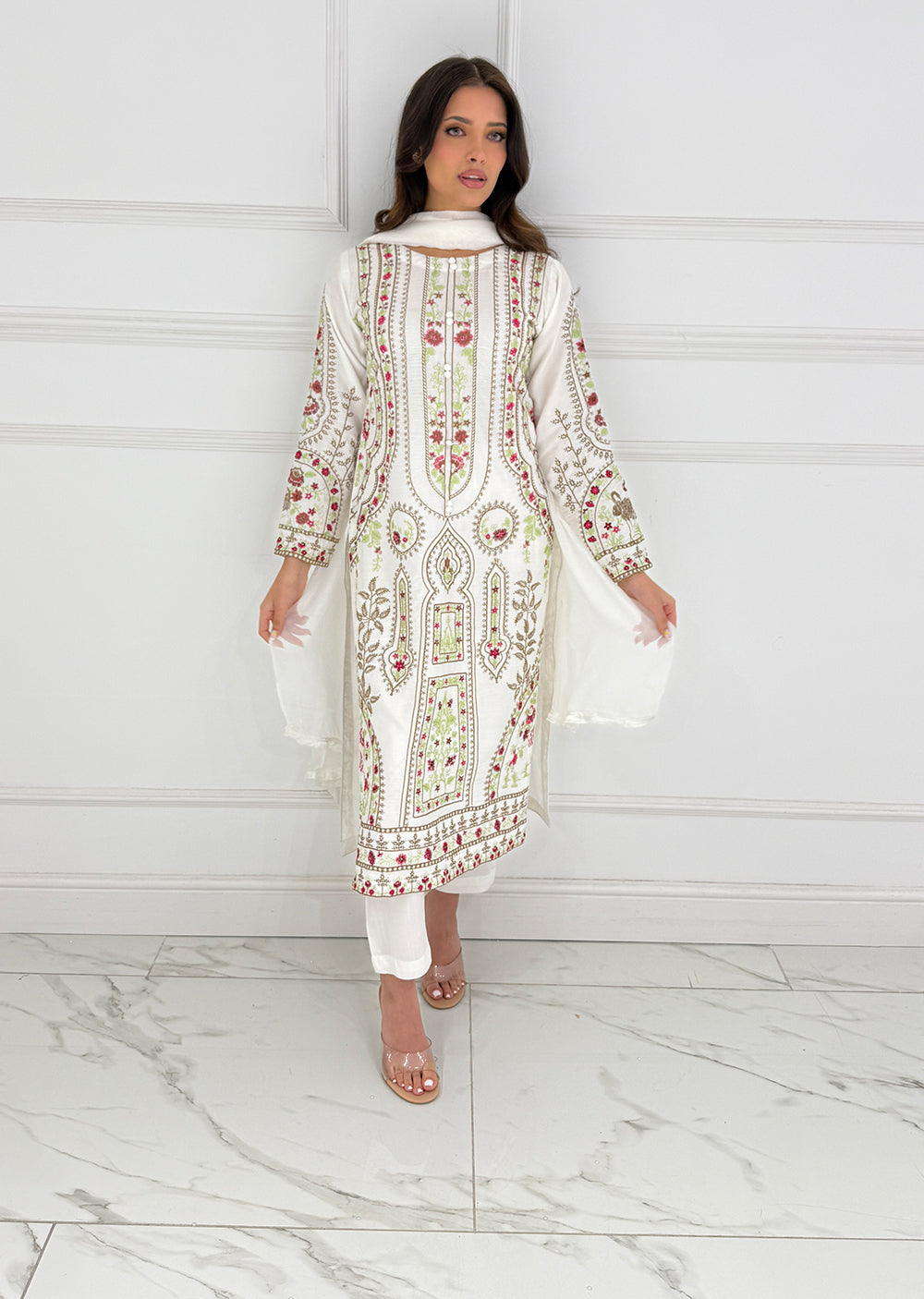 White Embroidered Linen Suit