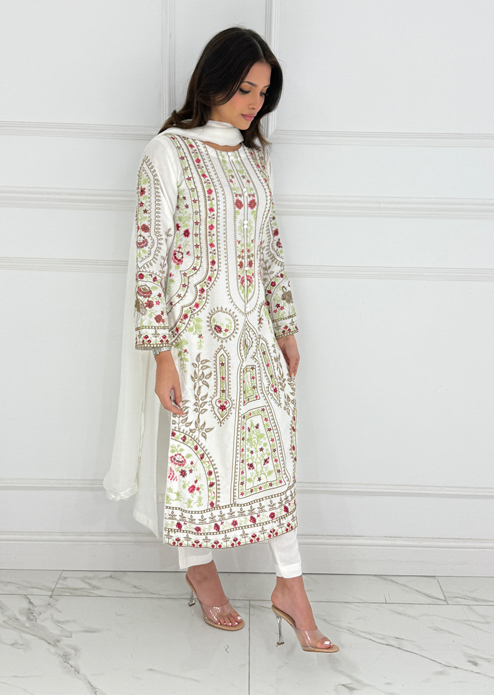 White Embroidered Linen Suit