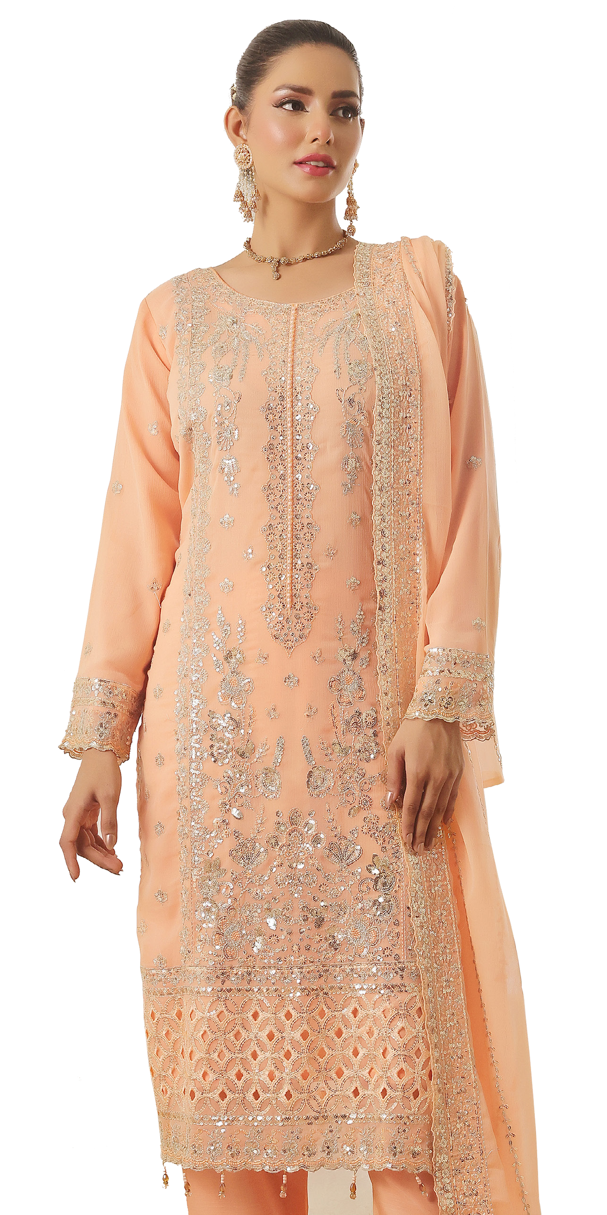 Bin Hameed Chiffon Suits- Lachs-B6