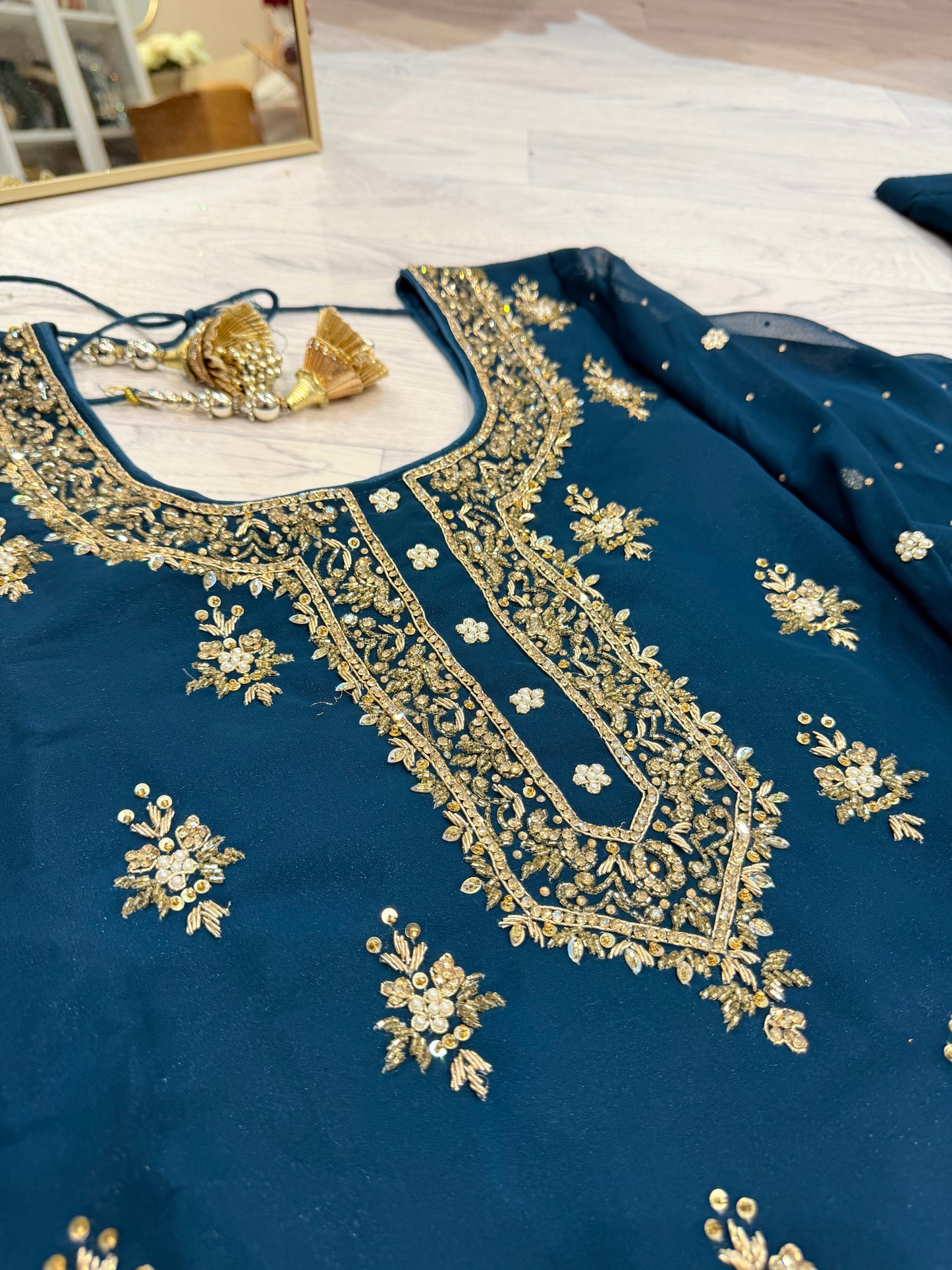 Teal Blue Elegance – Heavy Georgette Embroidery and Handwork  Sharara Suit