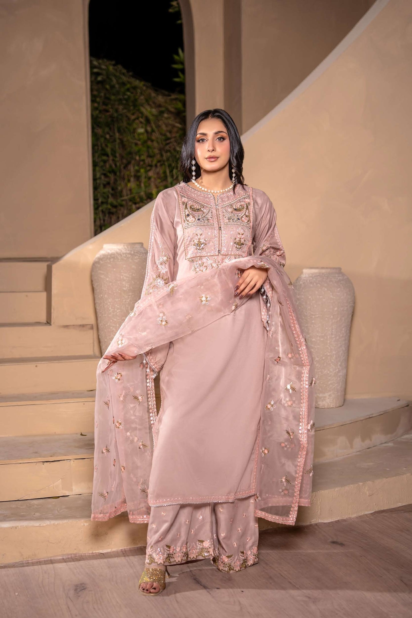 Mother Daughter Linen Embroidered - Nude rose