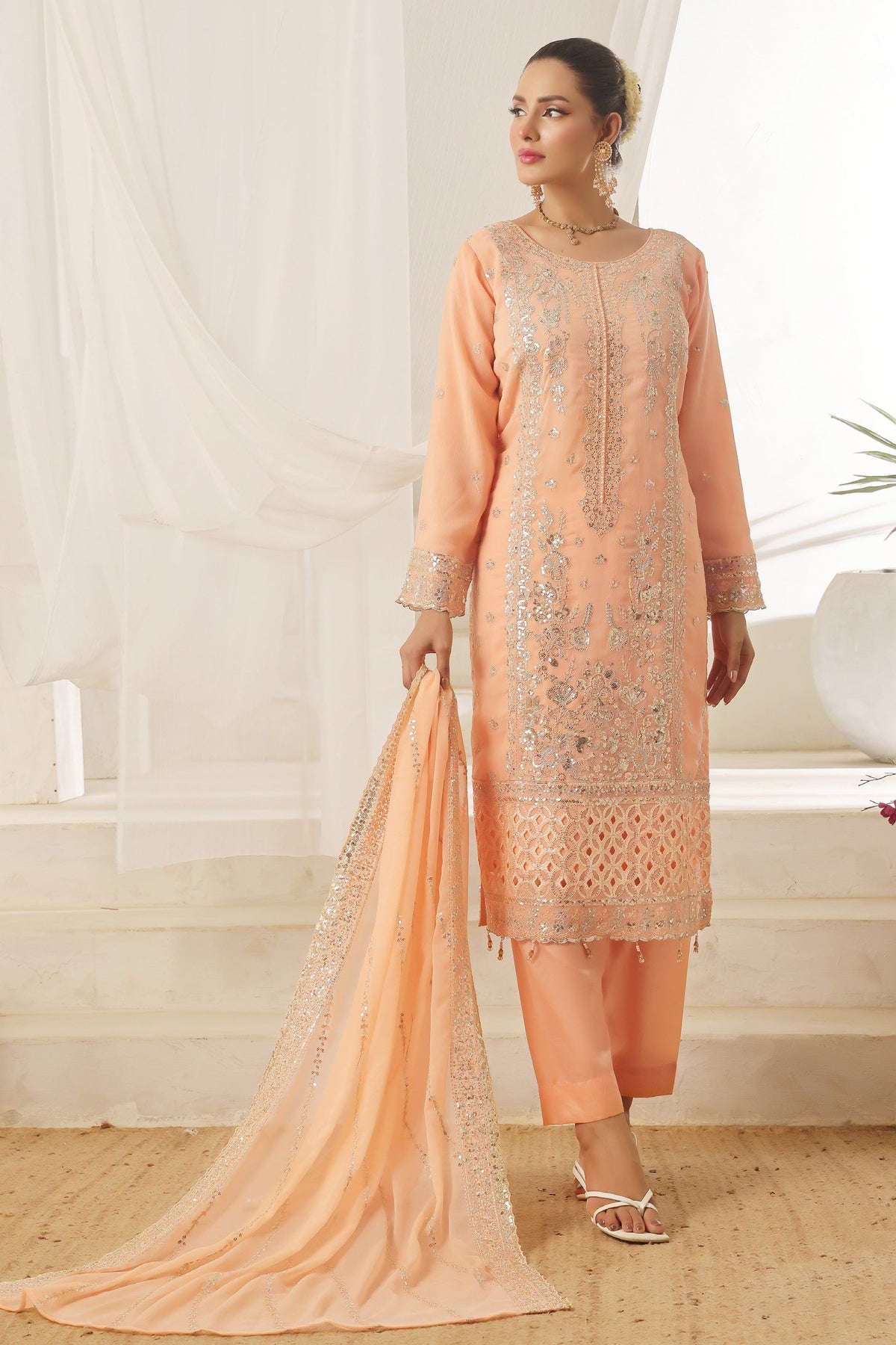 Bin Hameed Chiffon Suits- Lachs-B6