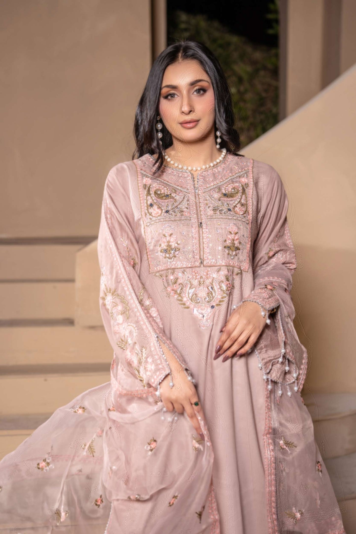 Mother Daughter Linen Embroidered - Nude rose