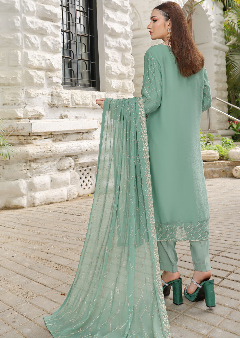 Leeya - Readymade Green Chiffon Outfit 609