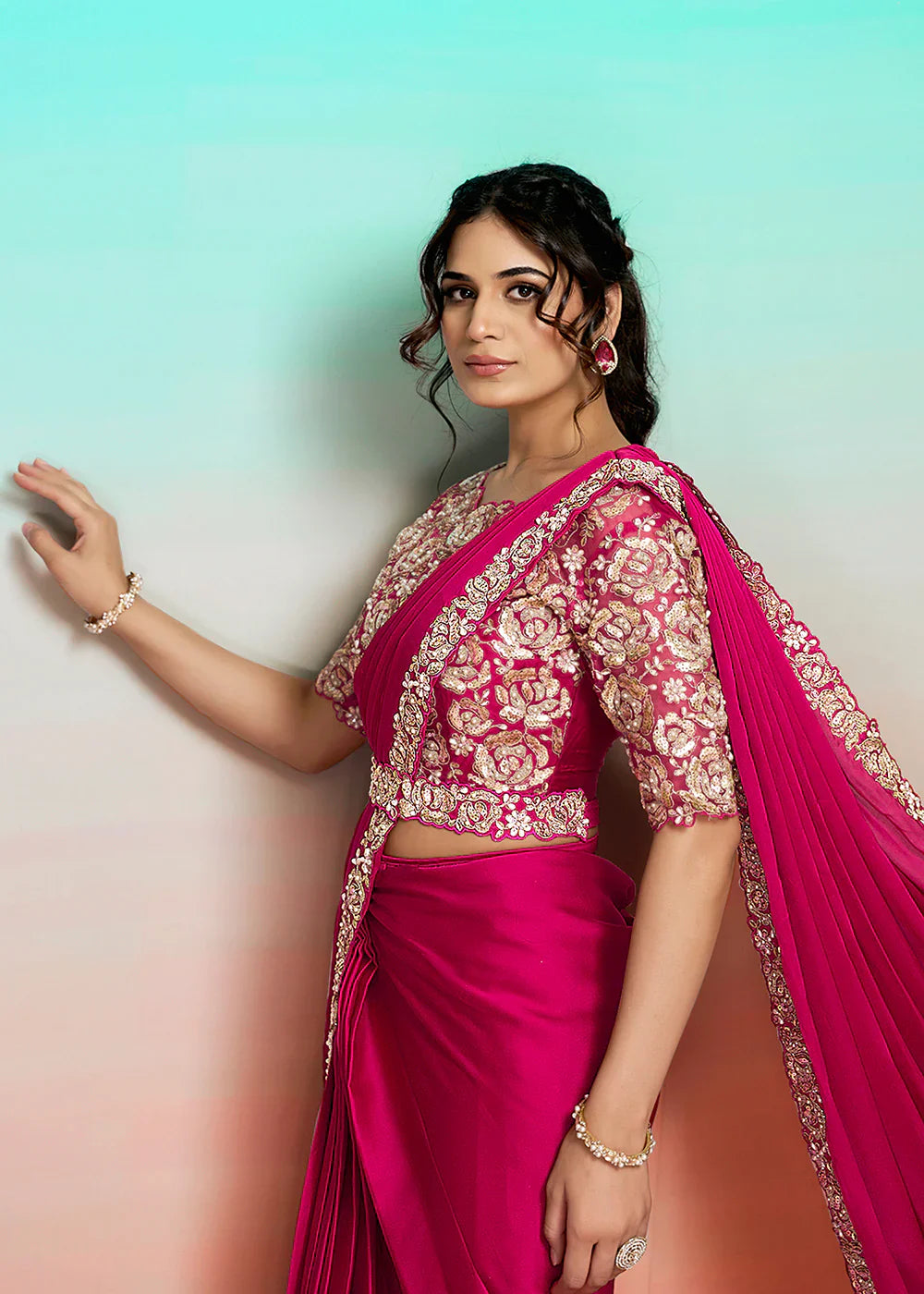 Pink Satin Pre-Stitched Saree with Belt – Elegant & Easy to Wear