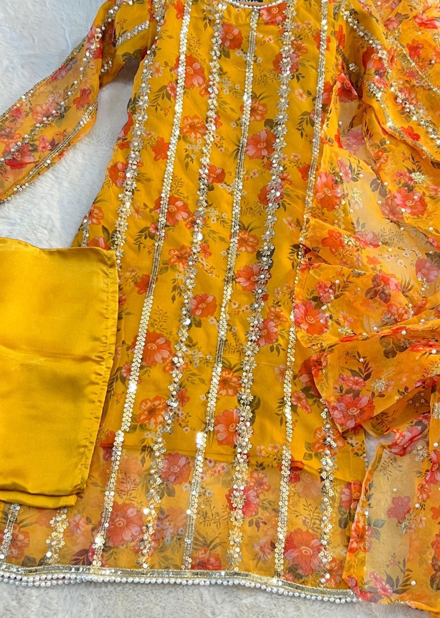 Orange Floral Organza Suit