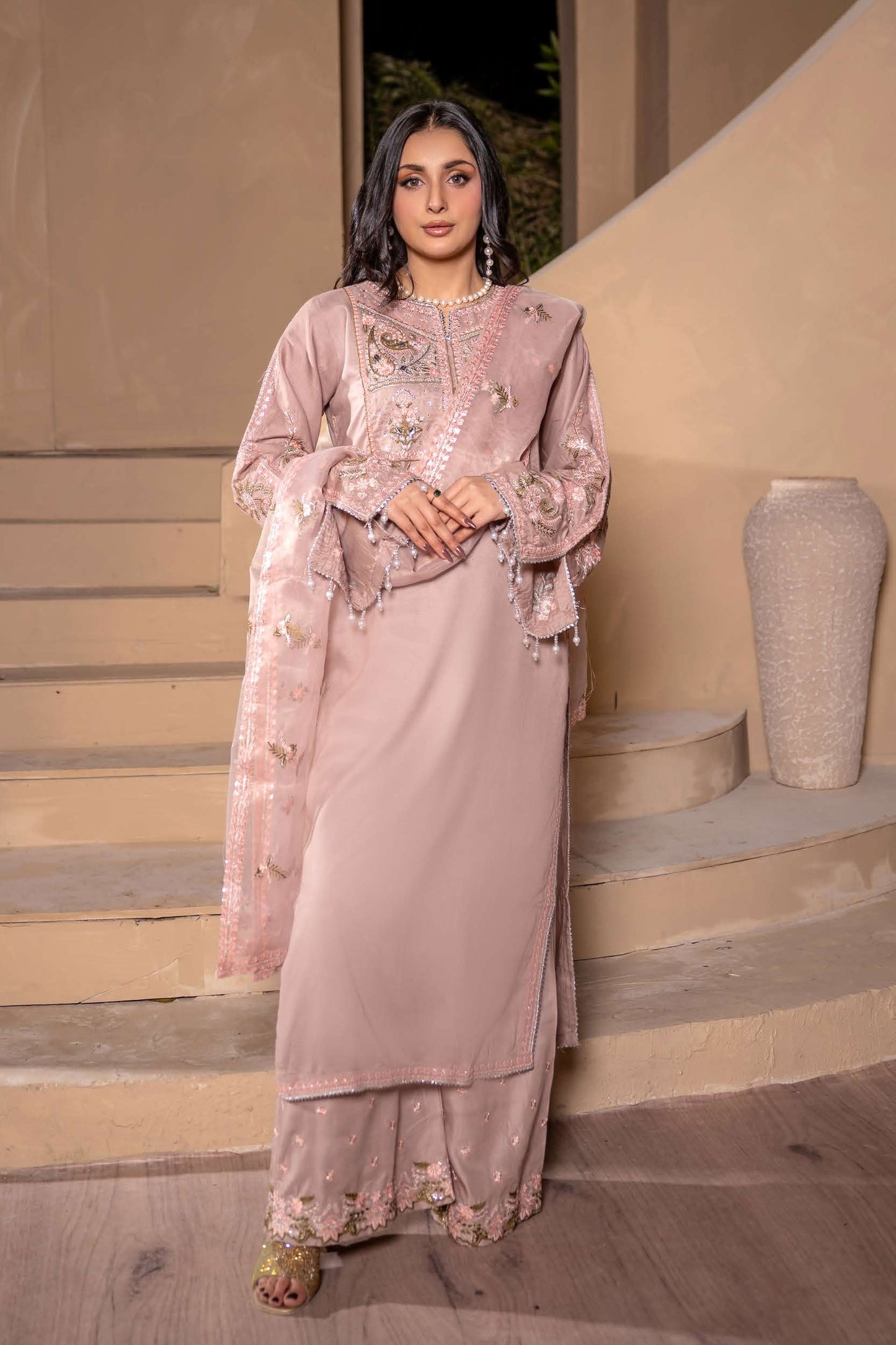 Mother Daughter Linen Embroidered - Nude rose