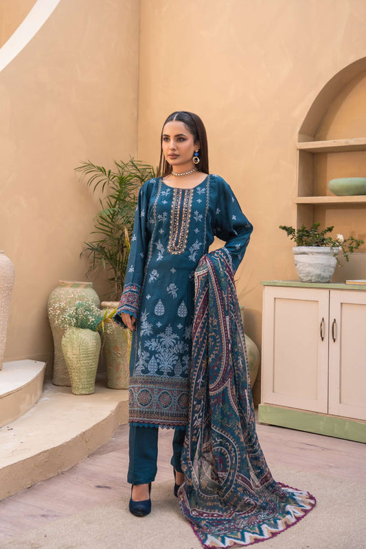 Embroidered Viscose Suit- Navy